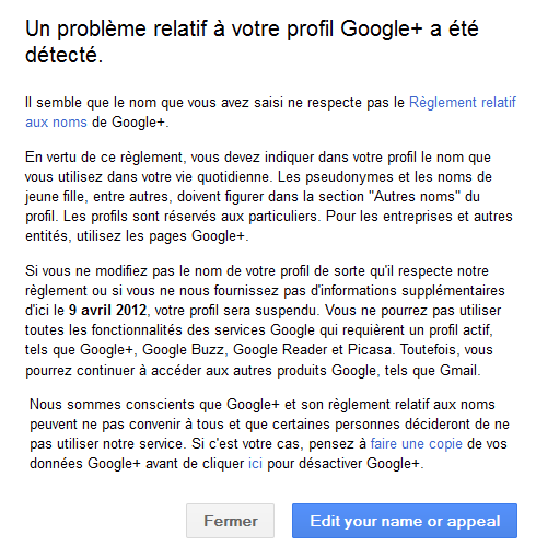 Google+ pseudonyme