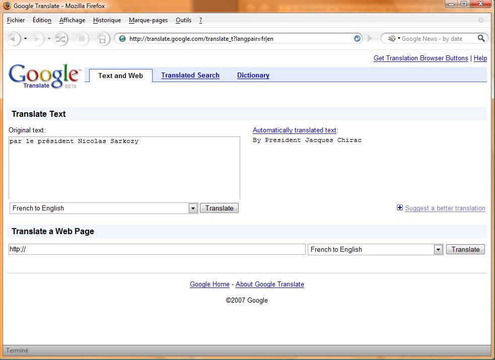 Le traducteur de Google ne supporte plus Sarkozy