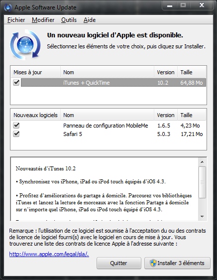 l'application n'a pas pu installer iTunes Sync